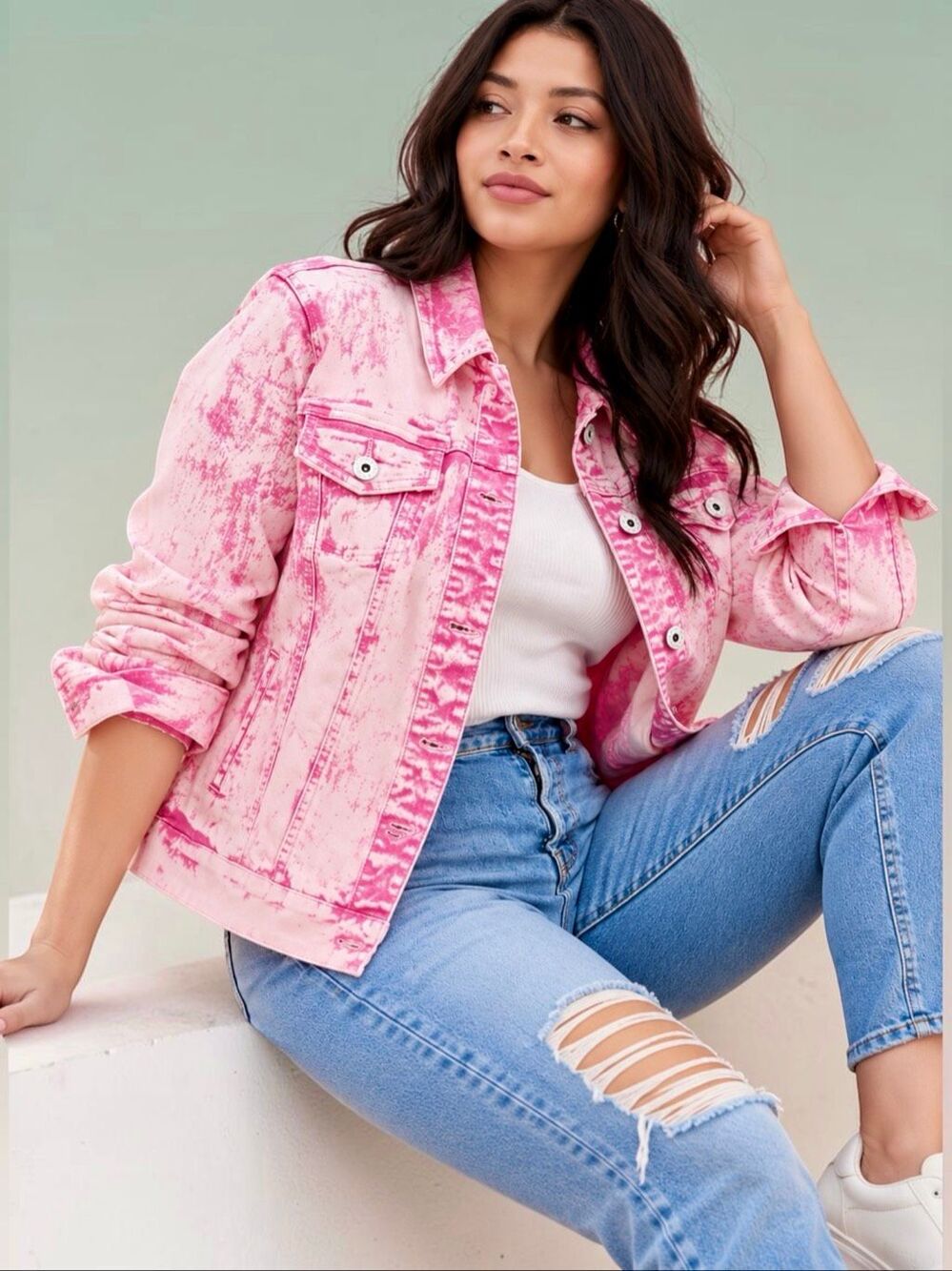 Torrid Pink Acid Wash Denim Trucker Jacket Stretch Jean Coat Plus Size 2 2XL